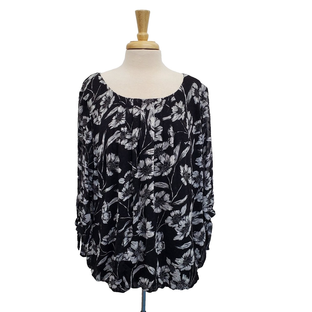 Roz & Ali Womens Floral‎ Boat Neck Top Blouse Plus Size 3X Black Gray 3/4 Sleeve